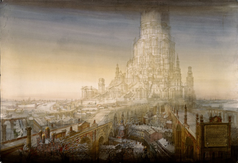 "Московская башня" (Михаил Филиппов, 1990). Образ Вавилонской башни — красивой архитектурной мечты, которая никогда не будет построена в реальности, — может служить символом "бумажной" архитектуры.