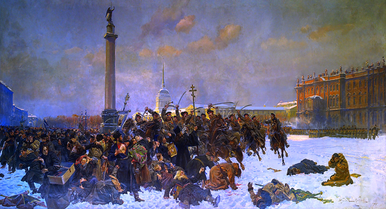 Войцех Коссак. «Кровавое воскресенье 9 января 1905 г. на Дворцовой площади». Картина польского художника, написанная по горячим следам событий, не вполне точна: самые кровопролитные события разыгрались  не у Зимнего дворца, а у Нарвских ворот.