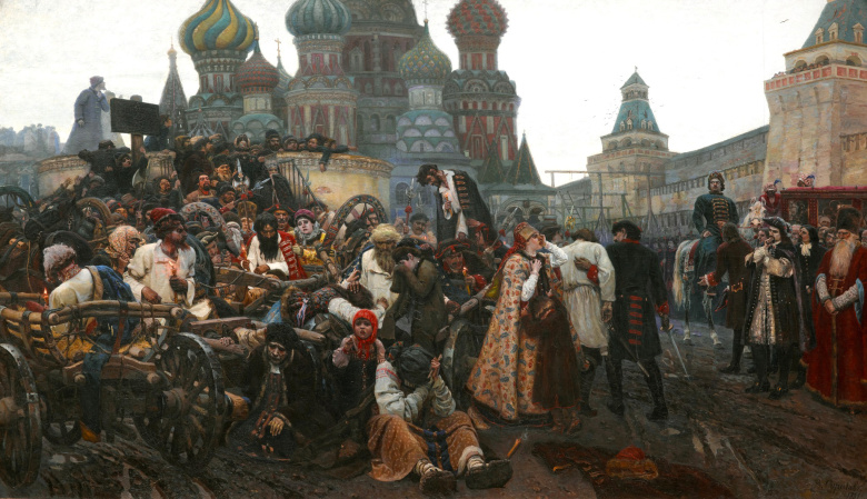 «Утро стрелецкой казни», картина Василия Сурикова, 1881 год. Стрельцы на картине неспроста еле стоят на ногах: каждый при дознании получил порядка 60-70 ударов кнутом на дыбе — многих это делало инвалидами