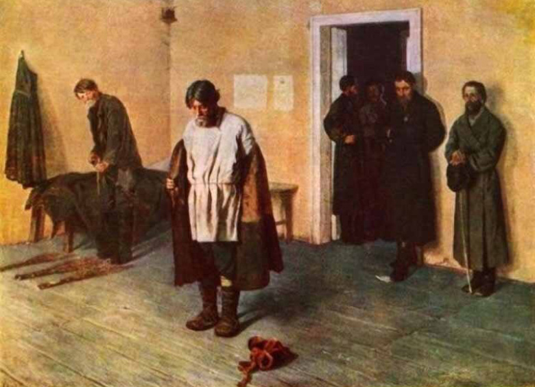 «В волостном суде (подготовка к наказанию розгами)». Картина Сергея Коровина, 1884. Телесные наказания для крестьян были сохранены в законе и после отмены крепостного права.