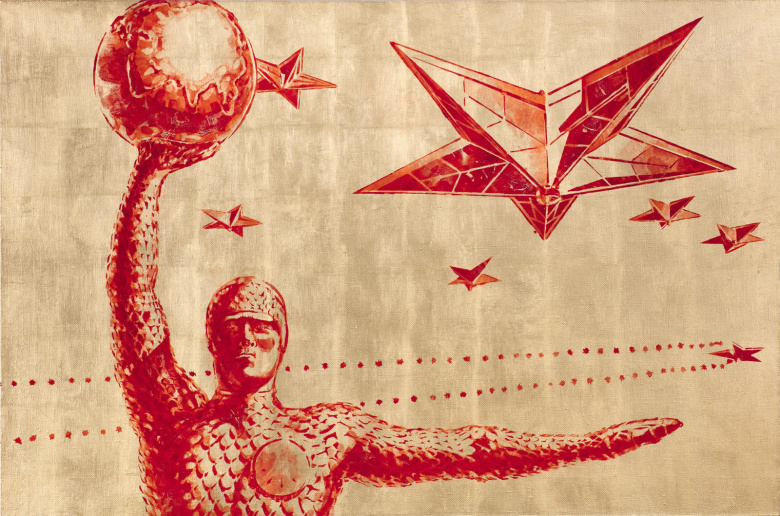 Алексей Беляев-Гинтовт, «Звездолеты», 2019  (холст, типографская краска, сусальное золото, ручная печать по трафарету, 100x150 см)