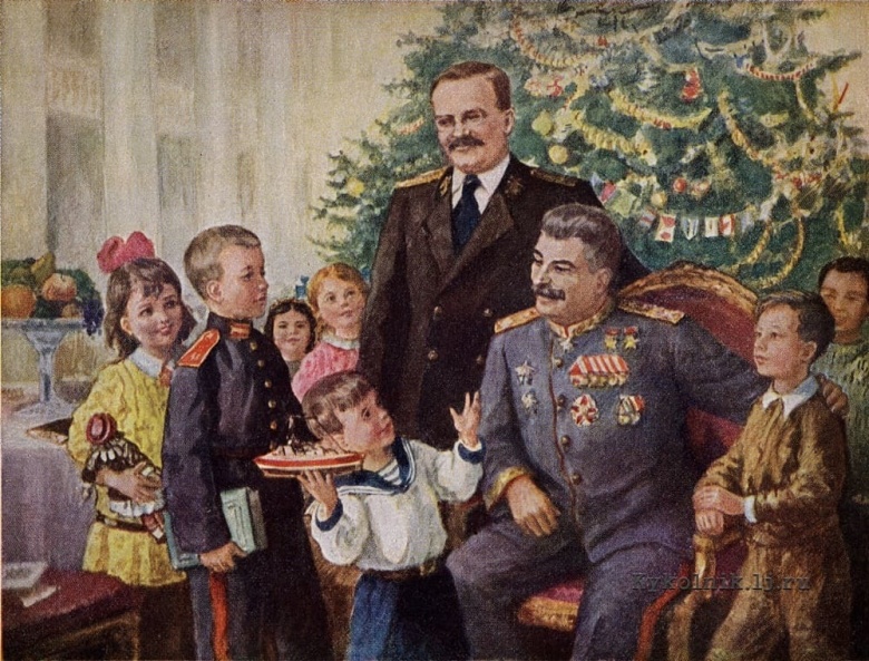Анна Давыдова. «С Новым счастливым годом, дорогие ребята!» 1949 год. Кажется, смелый мальчик собирается запустить корабликом прямо в людоеда. Будем и мы смелей!
