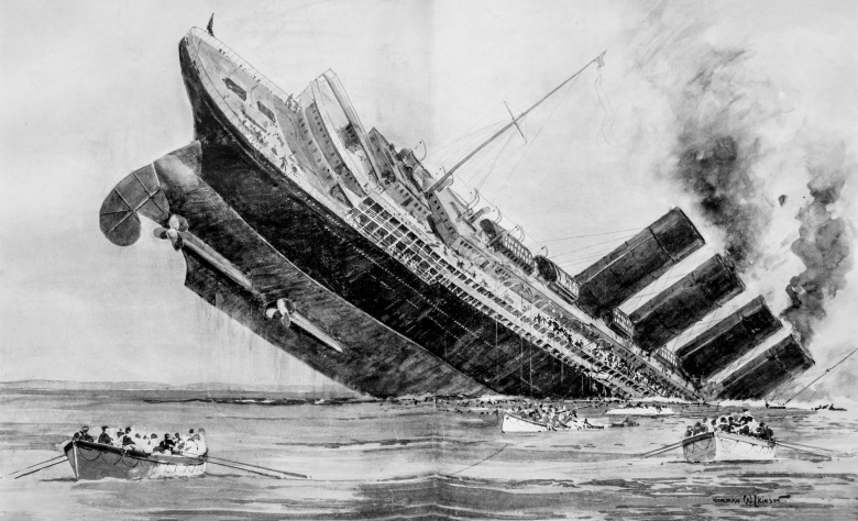 Гибель "Лузитании". Гравюра Нормана Уилкинсона из газеты The Illustrated London News, 15 мая 1915 г.