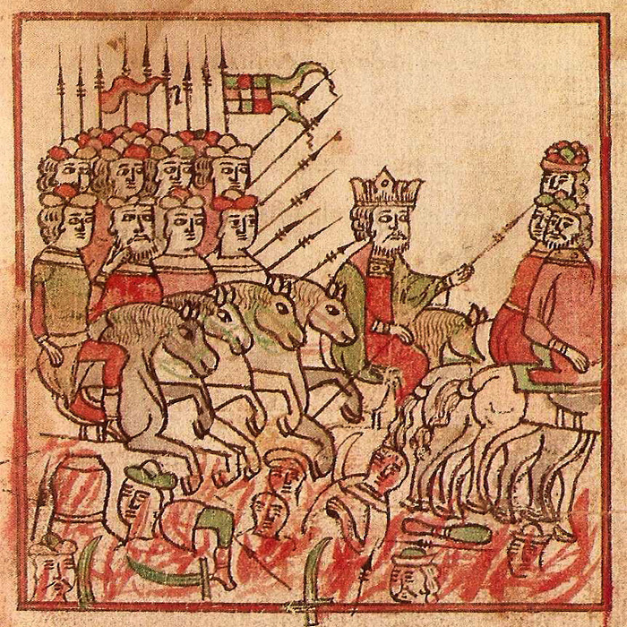 Сказание о Мамаевом побоище. Лицевая рукопись XVII века. «Князь Владимер Андреевичь с воиском своим выехали из дубровы и ударишася, аки соколы на жировлиныя стада»
