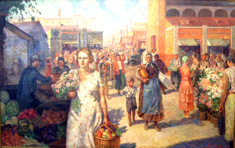 Алексей Кокель, «Колхозный базар», 1934. Этот гигантский (4х3 м) гимн изобилию был написан в разгар страшного голода на Украине. Художник, работавший в Харькове, не мог не знать о Голодоморе