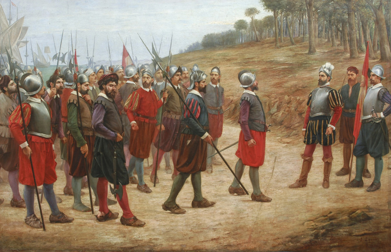 “Тринадцать воспетых славой” (Картина Хуана Лепиани, 1902). Согласно легенде, конкистадор Франсиско Писарро (третий справа) начал завоевание Южной Америки в сопровождении всего 13 соратников