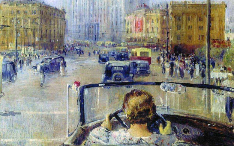 "Новая Москва": картина Юрия Пименова, 1937. Высокий дом прямо по курсу — только что построенное здание Госплана (сейчас — резиденция Думы)