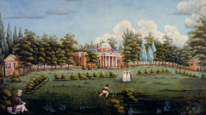 Монтичелло, усадьба Томаса Джефферсона (акварель Джейн Брэддик, 1825). На лужайке резвятся внуки одного из отцов-основателей США. Многочисленное потомство Джефферсона от чернокожей рабыни на картинке не показано