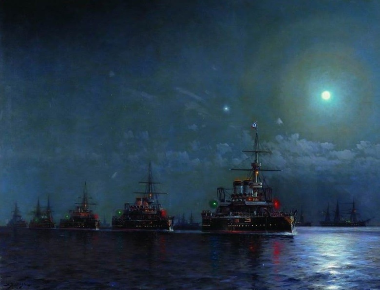 Черноморский флот ночью. 1894 год. Худ. Л. Д. Блинов. Пять новейших броненосцев, видимо, сыгравших свою роль, но в ином мире