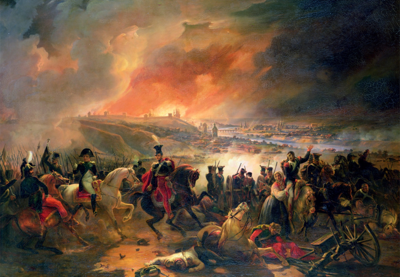 Битва под Смоленском 17 августа 1812 г. (картина Жана Шарля Ланглуа, 1839). Согласно некоторым оценкам, лишь 30% французских солдат, павших в России, погибли непосредственно в сражениях или от боевых ранений. Остальные стали жертвами голода, мороза и заразных болезней.