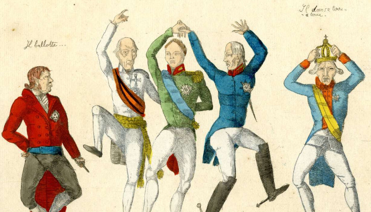 Английская карикатура 1815 года, сатирически изображающая Венский конгресс (из-за обилия роскошных приемов и балов саммит иронически именовали «танцующим конгрессом»). Император Александр I (в центре в зеленом мундире) пытается удержать сложный баланс с партнерами. За ним скептически наблюдает министр иностранных дел Великобритании Роберт Каслри (крайний слева).
