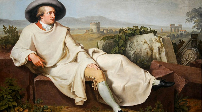 «Гете в Кампании». Иоганн Генрих Тишбейн, 1786. Живописец Тишбейн, как и многие его современники, считал своего друга Гете величайшим полиматом, однако очень скоро профессиональные ученые стали относиться к научным штудиям знаменитого поэта с определенной иронией.